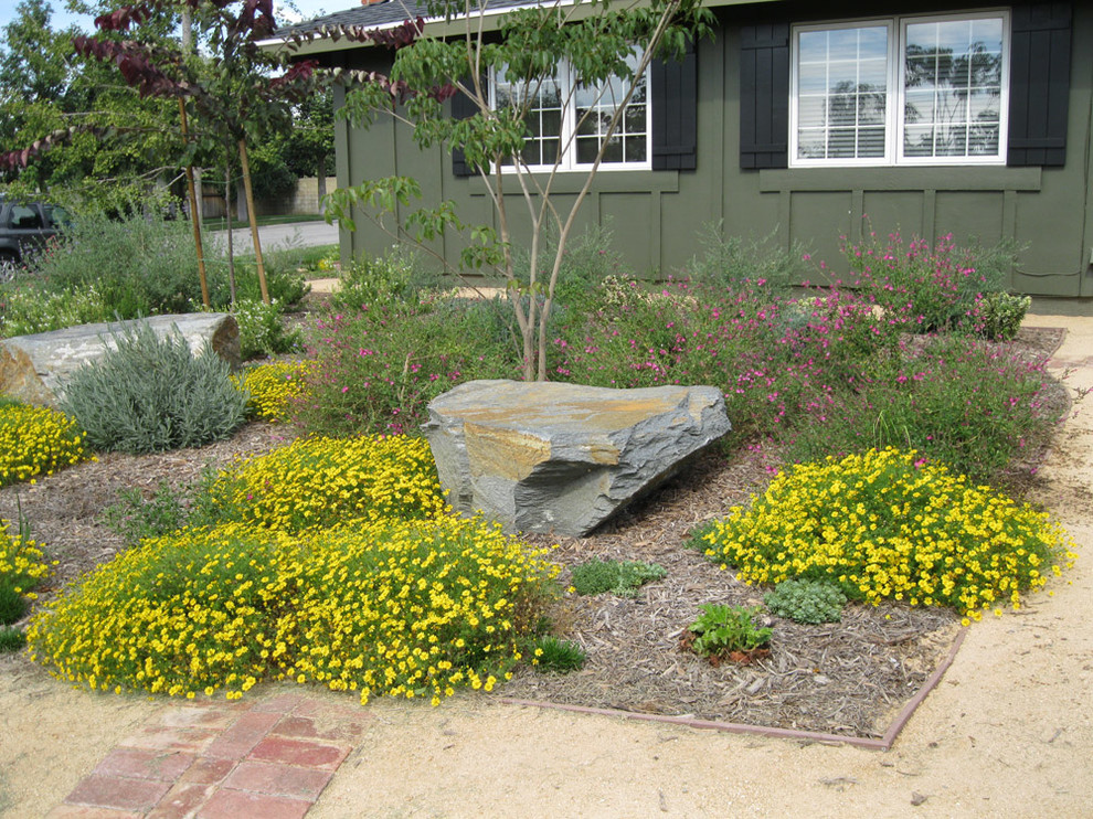 This is an example of a large mediterranean full sun front yard gravel garden path in Orange County.