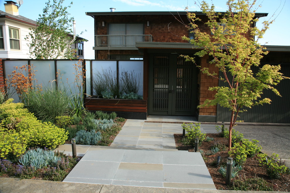 This is an example of a large modern drought-tolerant and partial sun front yard concrete paver garden path in San Francisco.