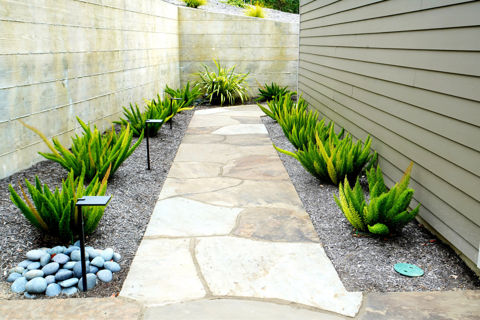 На фото: большой тенистый засухоустойчивый сад на боковом дворе в стиле лофт с садовой дорожкой или калиткой и покрытием из каменной брусчатки