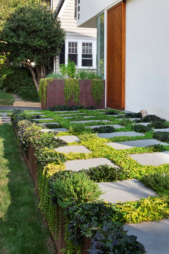 Idee per un piccolo giardino contemporaneo in ombra davanti casa in estate con pavimentazioni in pietra naturale