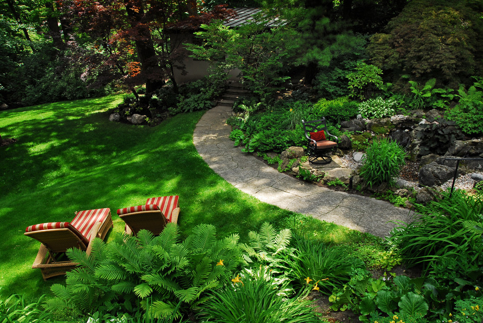 Inspiration for a large rustic shade backyard stone garden path in Toronto for summer.