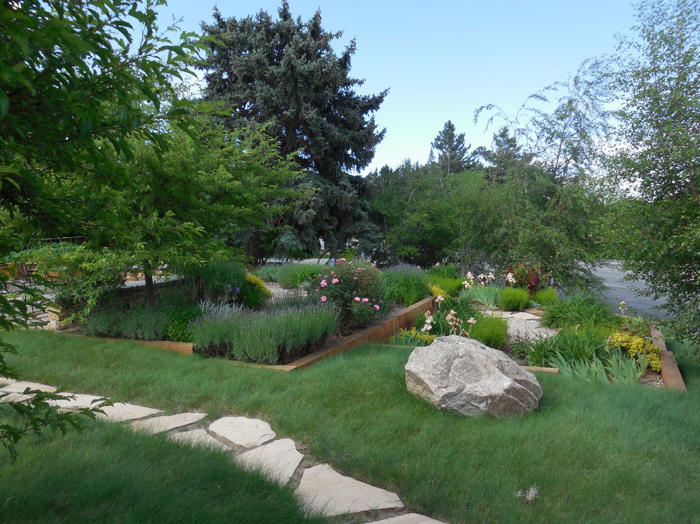 Modelo de camino de jardín de secano clásico de tamaño medio en patio delantero con exposición total al sol y adoquines de piedra natural