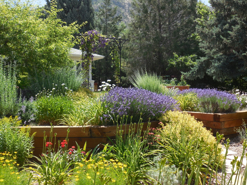 Foto de camino de jardín de secano clásico de tamaño medio en patio delantero con exposición total al sol y adoquines de piedra natural