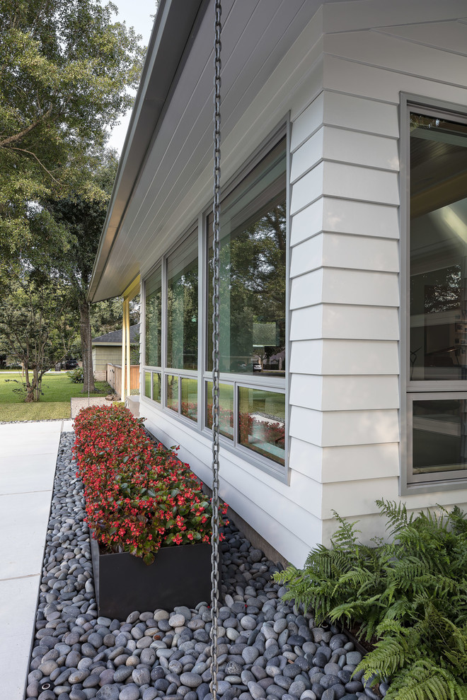 Ispirazione per un giardino xeriscape moderno esposto in pieno sole di medie dimensioni e davanti casa in primavera con un giardino in vaso e pavimentazioni in cemento