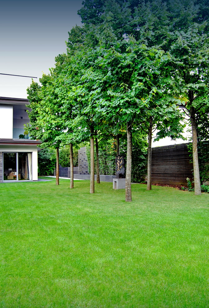 Cette photo montre un grand jardin à la française moderne avec une exposition partiellement ombragée.
