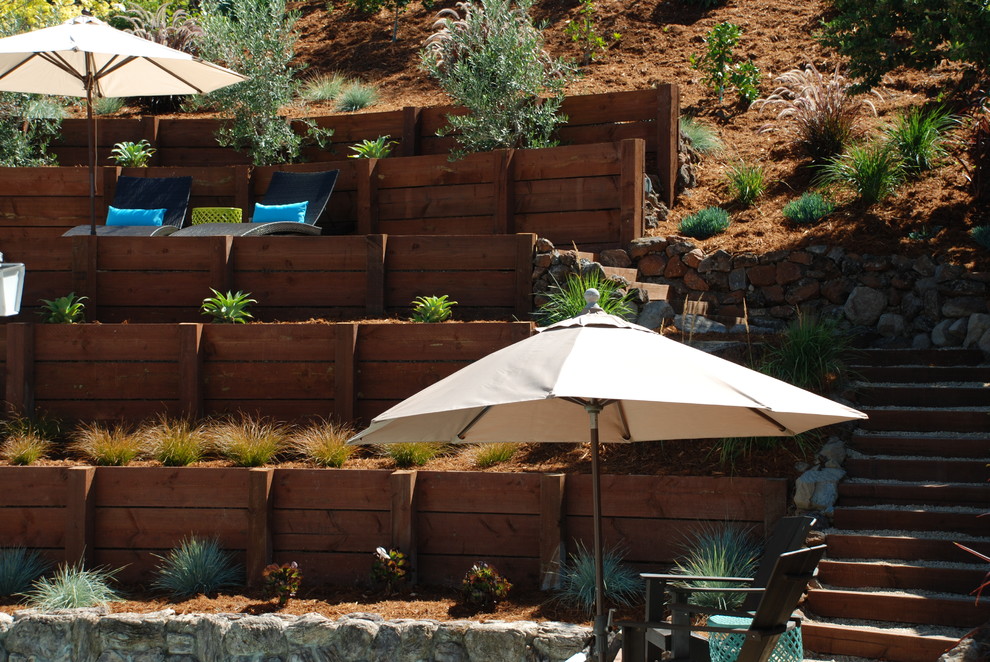 Esempio di un giardino design esposto in pieno sole di medie dimensioni con un muro di contenimento, un pendio, una collina o una riva e ghiaia