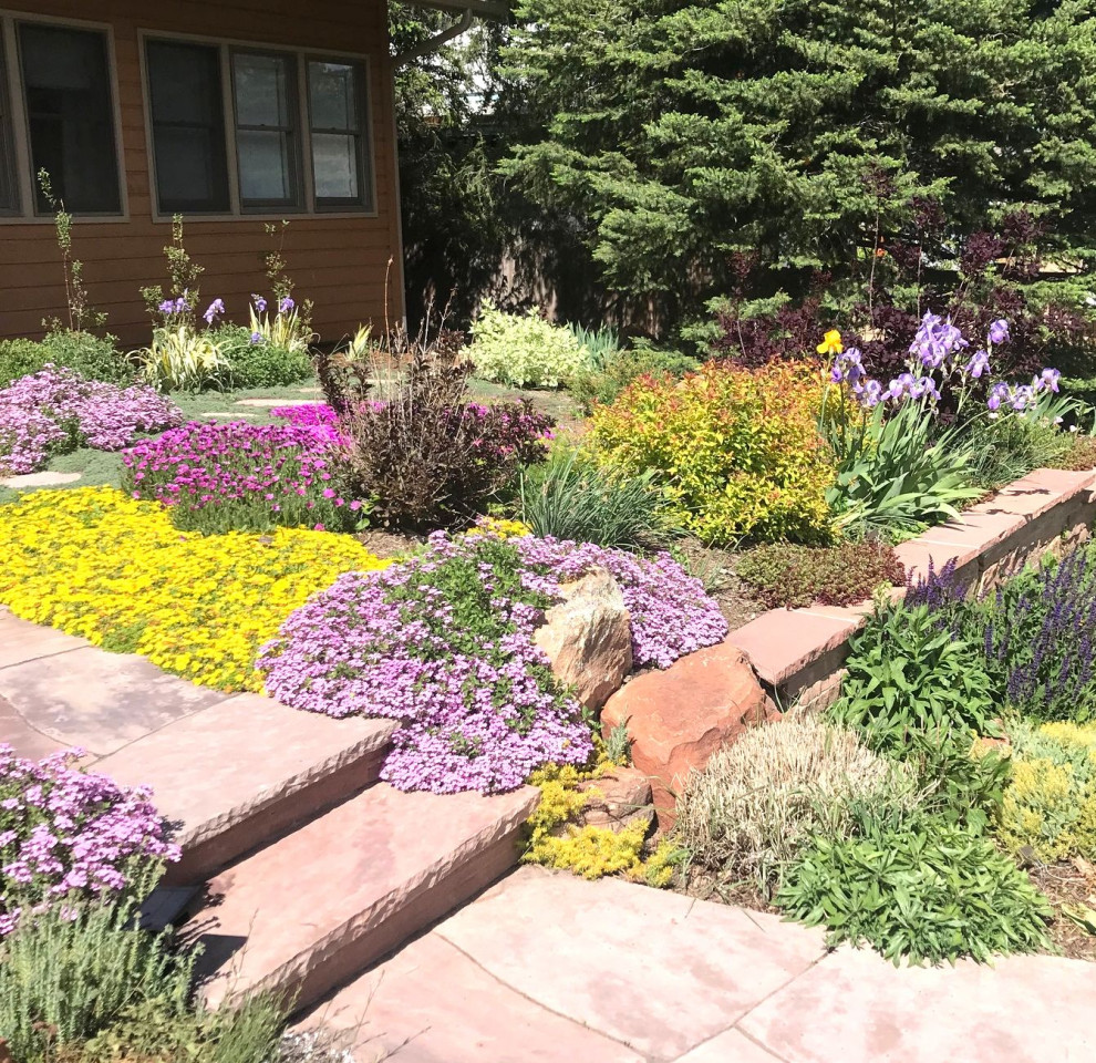 Ispirazione per un giardino stile americano esposto in pieno sole di medie dimensioni e davanti casa in primavera con pavimentazioni in pietra naturale