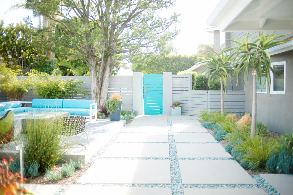 Immagine di un grande giardino xeriscape contemporaneo esposto in pieno sole dietro casa con un focolare e pavimentazioni in cemento