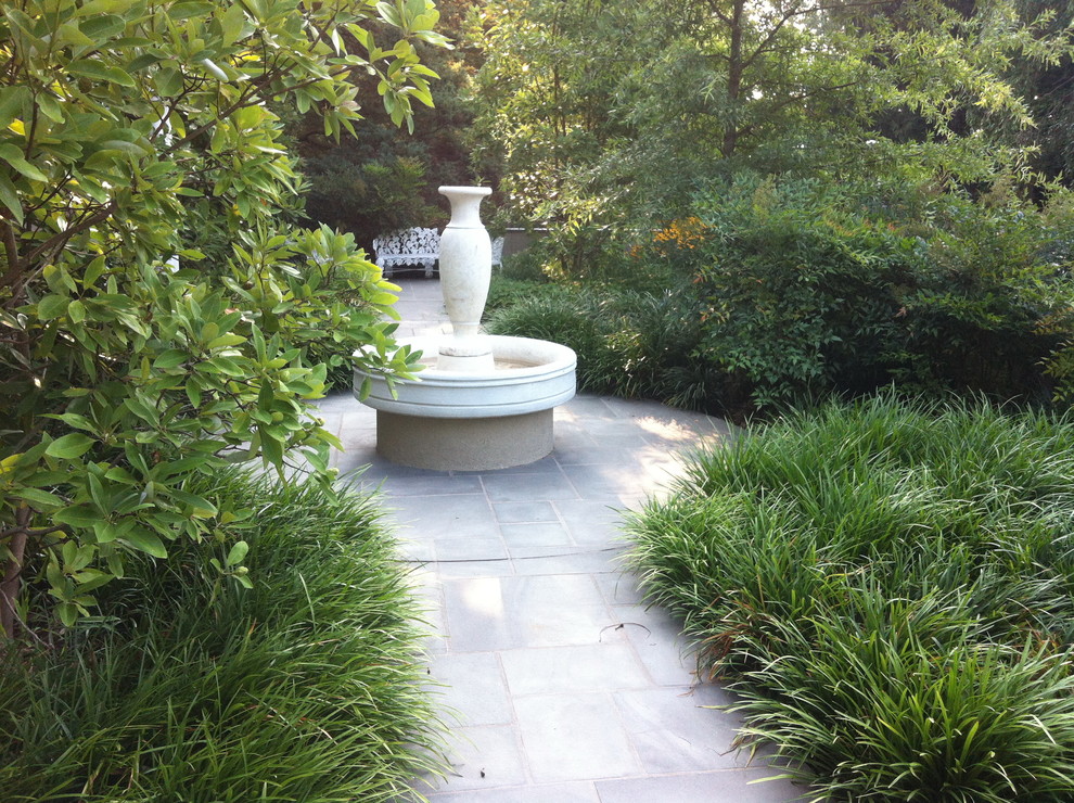 Cette photo montre un jardin arrière tendance de taille moyenne avec un point d'eau, des pavés en béton et une exposition partiellement ombragée.