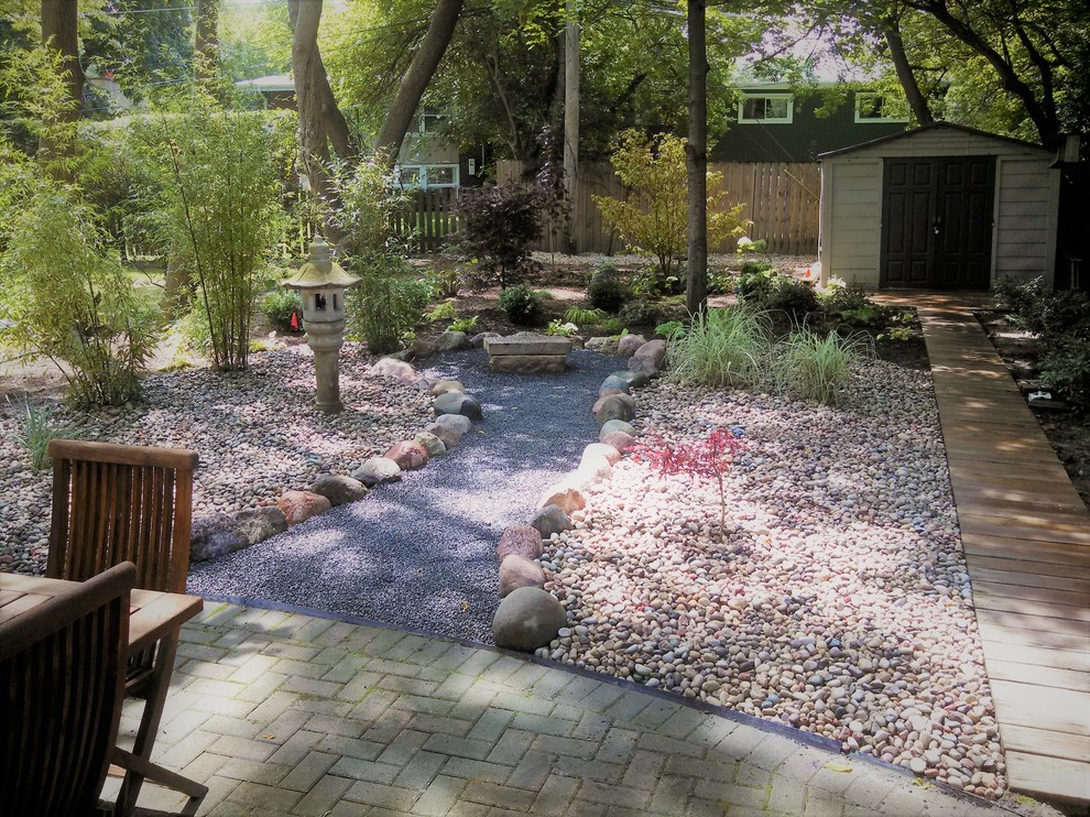 Immagine di un piccolo giardino formale tradizionale in ombra dietro casa in estate con un ingresso o sentiero e ghiaia