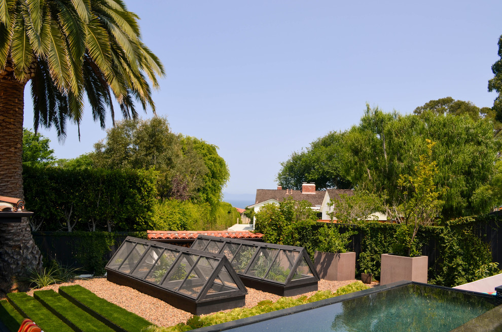 Mittelgroßer Mediterraner Gemüsegarten hinter dem Haus mit direkter Sonneneinstrahlung und Dielen in Los Angeles