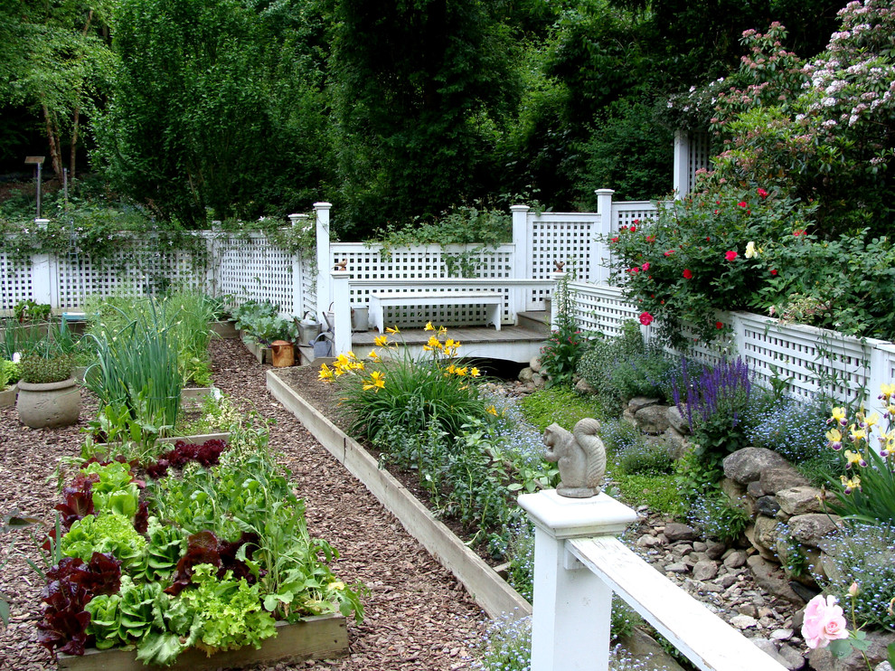 Inspiration for a large traditional partial sun backyard mulch formal garden in New York.