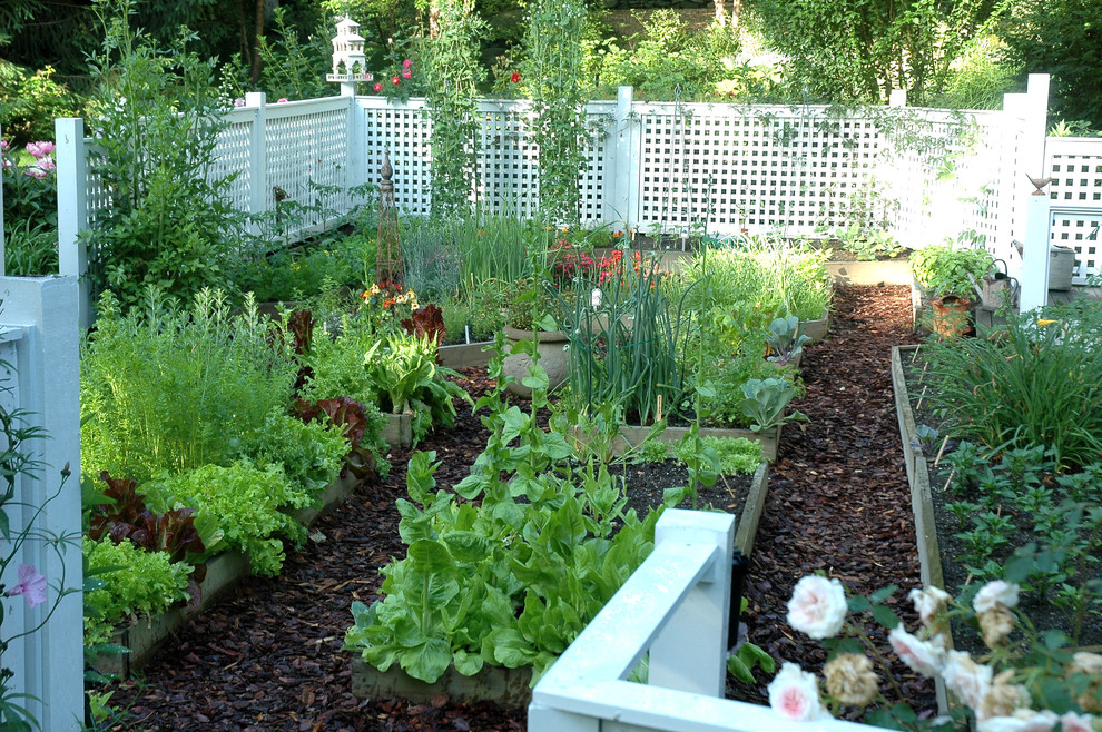 Photo of a large classic back formal partial sun garden in New York with a potted garden and mulch.