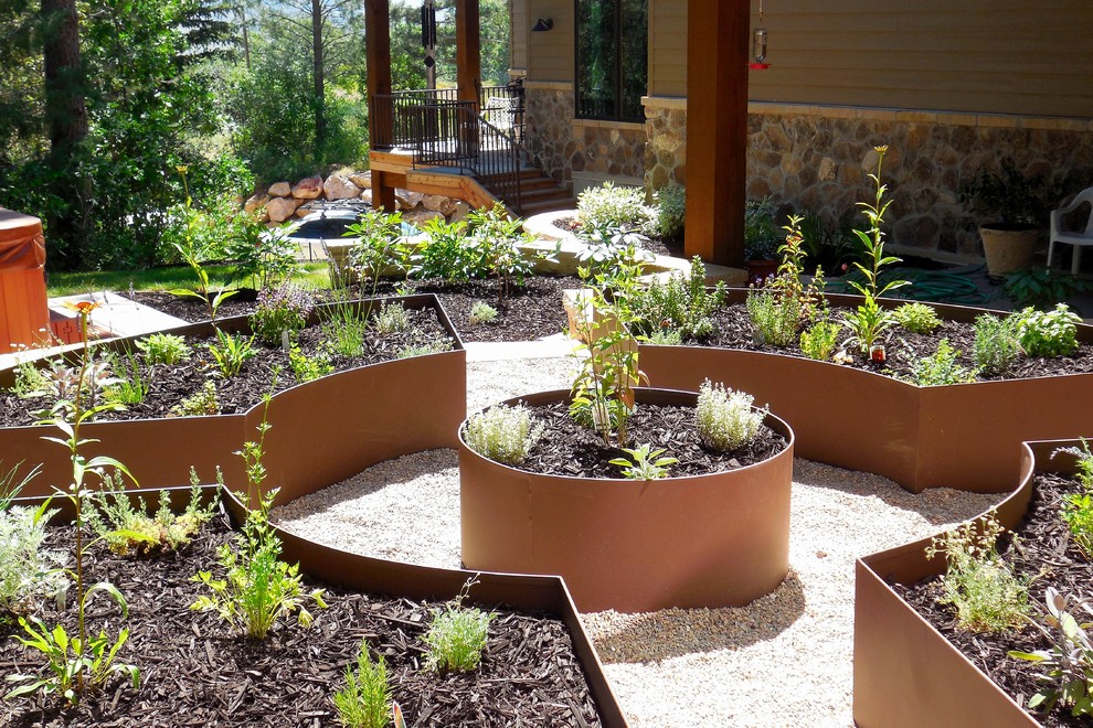 Idéer för en mellanstor eklektisk bakgård i delvis sol, med en köksträdgård och grus