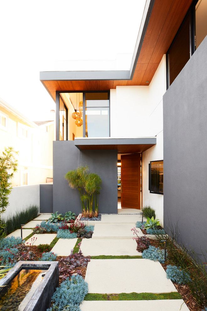 Идея дизайна: участок и сад на переднем дворе в современном стиле с мощением тротуарной плиткой