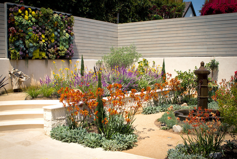 This is an example of a mid-sized mediterranean drought-tolerant backyard landscaping in Los Angeles.