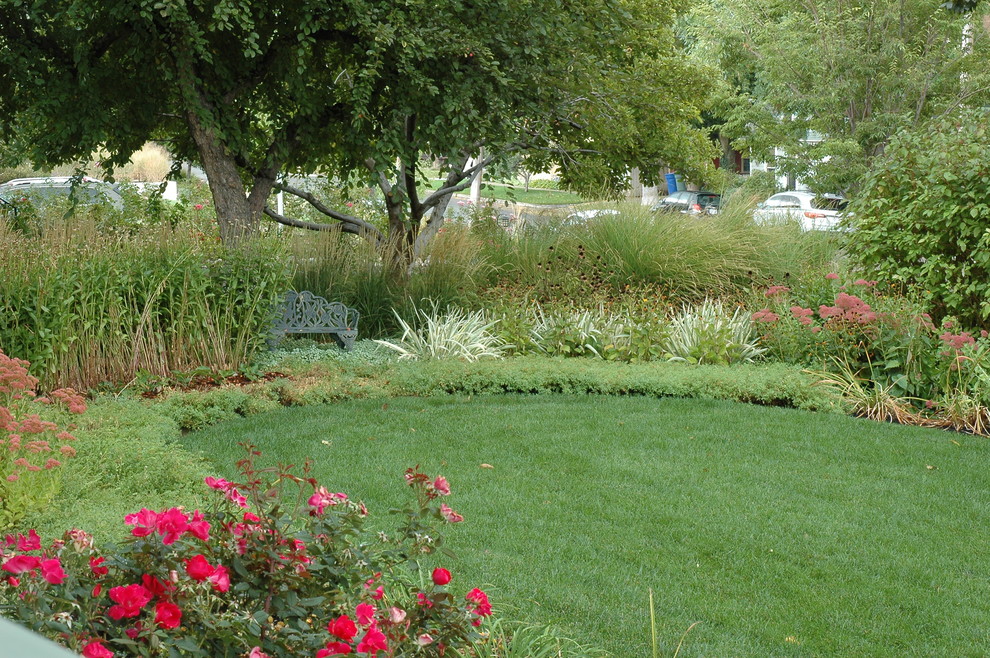 Foto di un giardino xeriscape vittoriano esposto in pieno sole di medie dimensioni e davanti casa in estate con un ingresso o sentiero e pavimentazioni in cemento