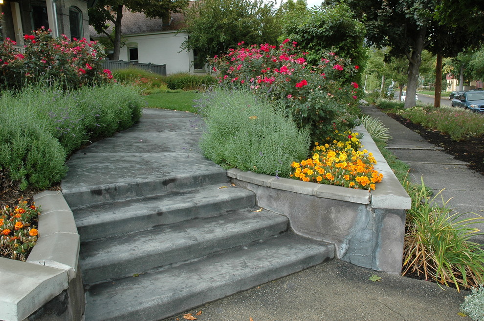 Esempio di un giardino xeriscape vittoriano esposto in pieno sole di medie dimensioni e davanti casa in estate con un ingresso o sentiero e pavimentazioni in cemento
