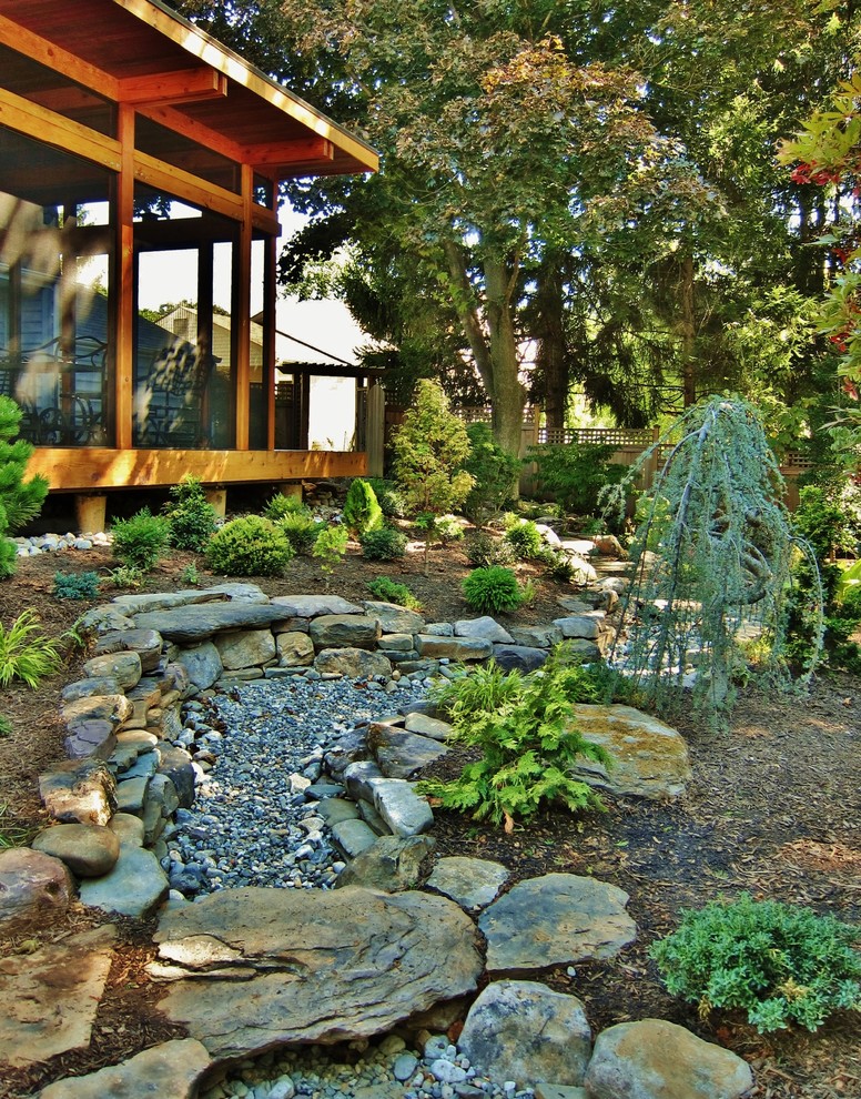 Пример оригинального дизайна: летний регулярный сад среднего размера на заднем дворе в восточном стиле с садовой дорожкой или калиткой, полуденной тенью и покрытием из гравия