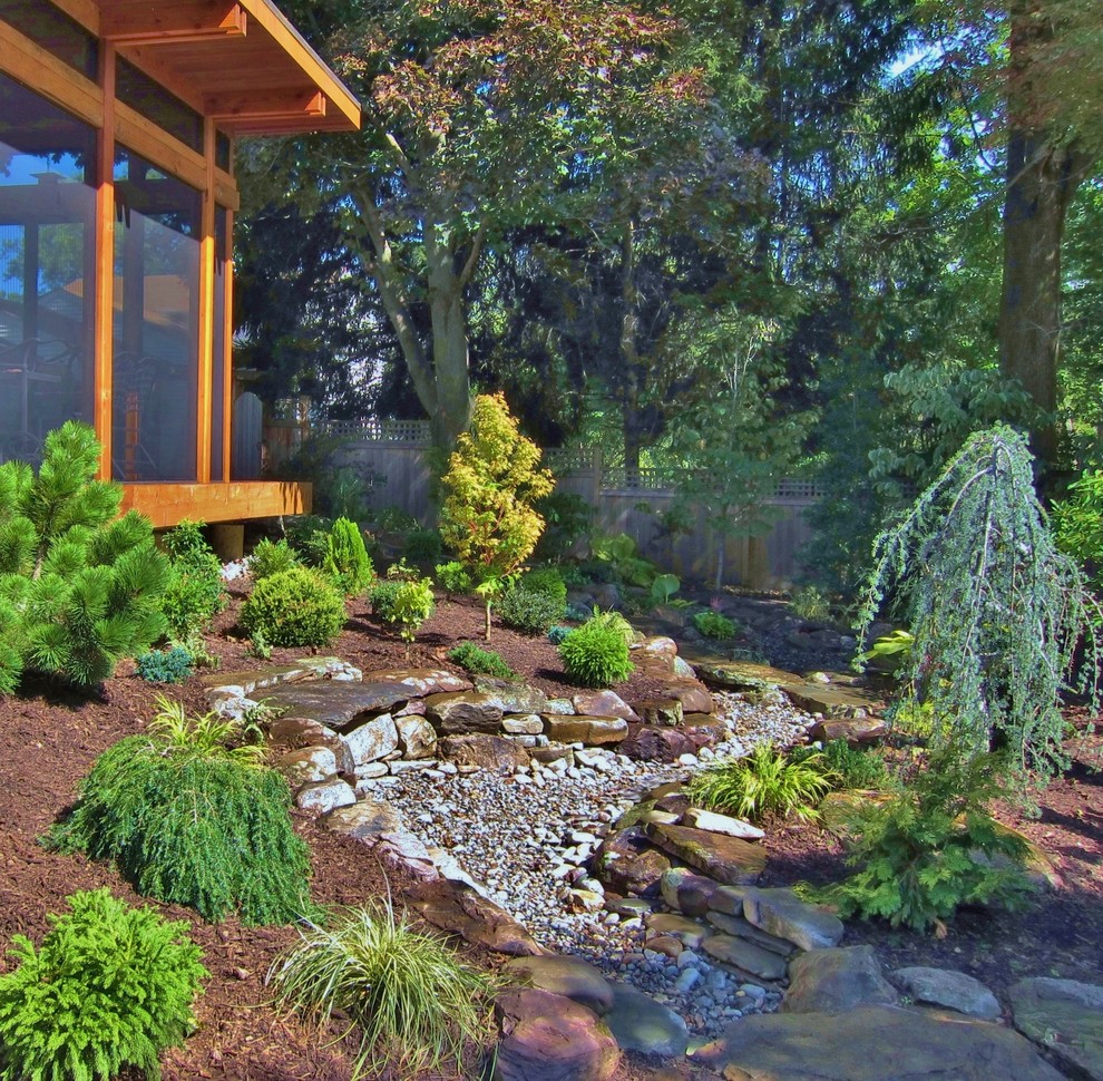 Стильный дизайн: летний регулярный сад среднего размера на заднем дворе в восточном стиле с садовой дорожкой или калиткой, полуденной тенью и покрытием из гравия - последний тренд