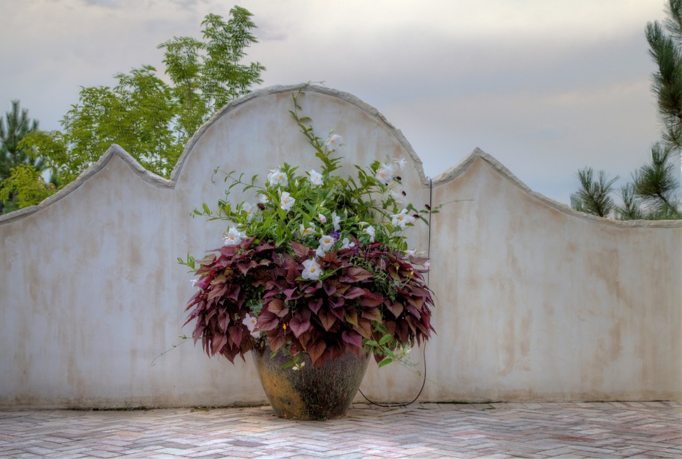 Ispirazione per un grande giardino formale mediterraneo esposto a mezz'ombra davanti casa con un giardino in vaso e ghiaia