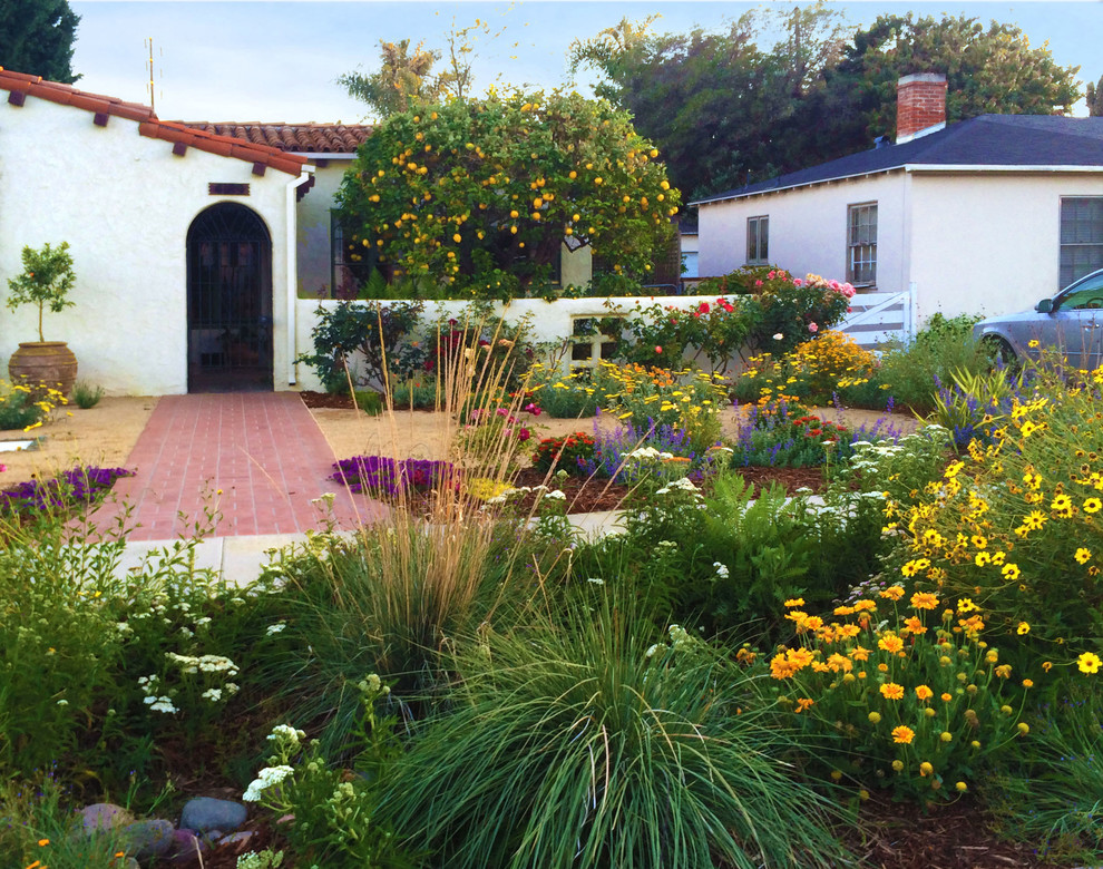 Geometrischer, Mittelgroßer Mediterraner Garten im Frühling mit direkter Sonneneinstrahlung und Betonboden in Los Angeles