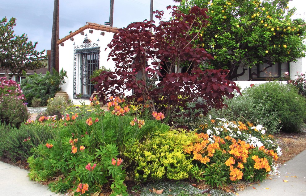 Bild på en medelhavsstil trädgård framför huset, med marksten i betong
