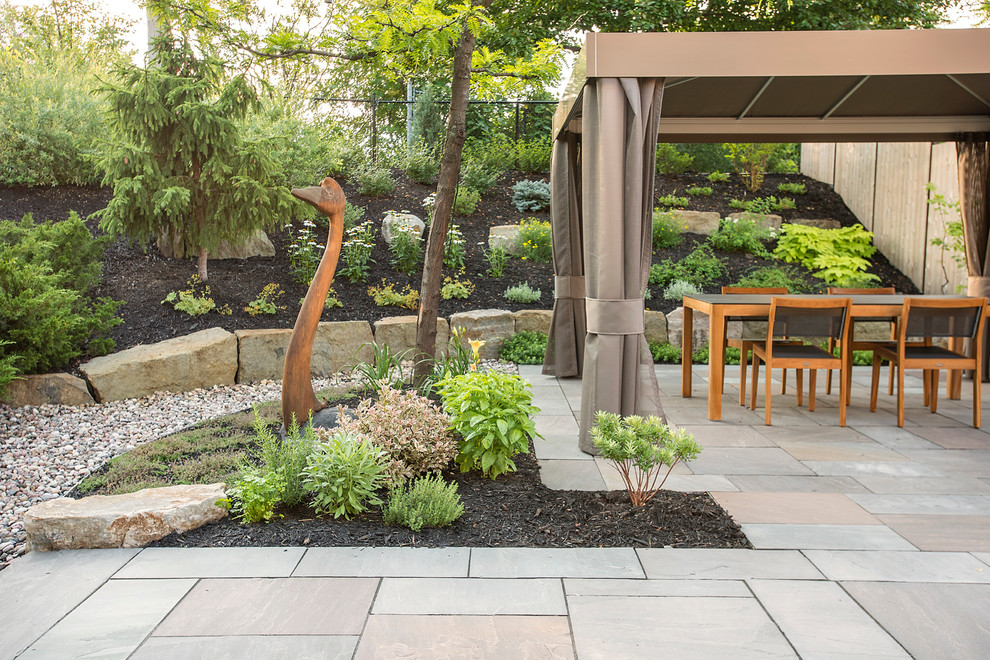 Modelo de jardín de secano clásico renovado grande en verano en patio trasero con muro de contención, exposición parcial al sol y adoquines de piedra natural