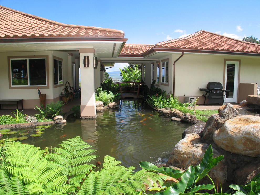 Geometrischer Asiatischer Gartenteich hinter dem Haus mit direkter Sonneneinstrahlung und Betonboden in Hawaii