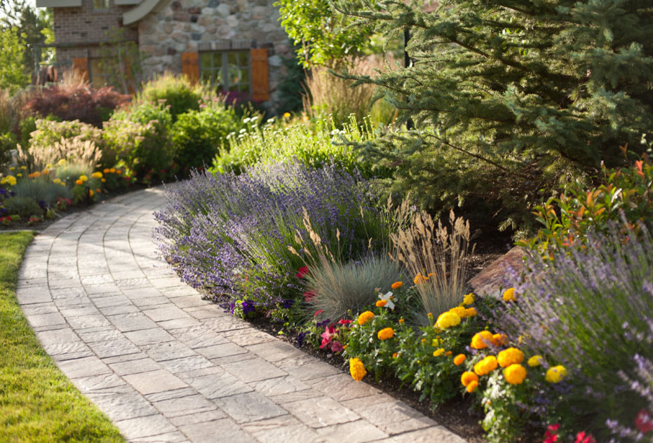 This is an example of a mid-sized traditional front yard stone garden path in Denver.