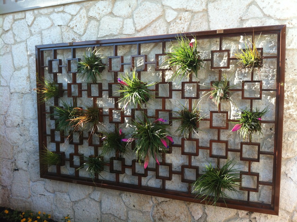 Geometrische, Kleine, Halbschattige Asiatische Pflanzenwand im Sommer, neben dem Haus mit Mulch in Hawaii