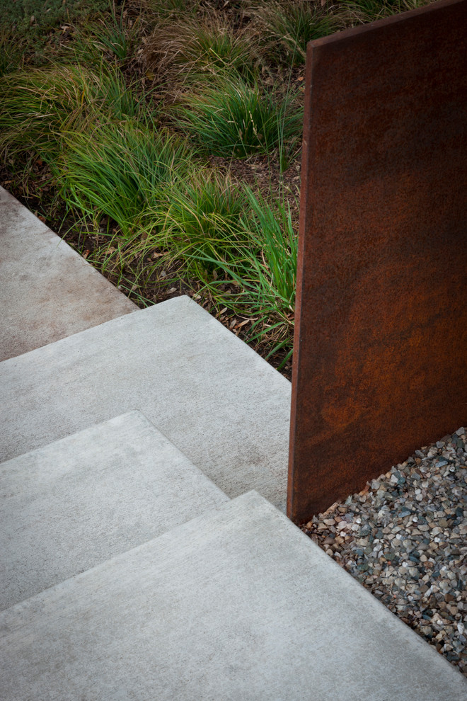 Foto di un vialetto d'ingresso minimalista di medie dimensioni e davanti casa con un muro di contenimento e pavimentazioni in cemento