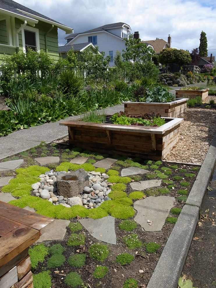 Photo of a traditional side yard water fountain landscape in Seattle.