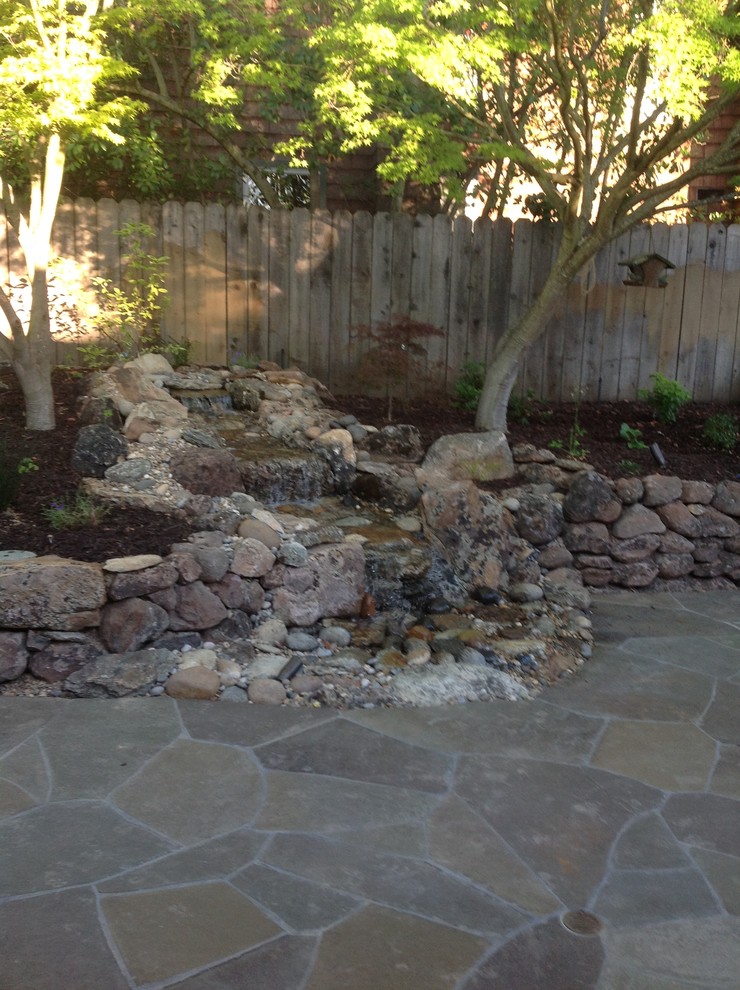 Пример оригинального дизайна: весенний садовый фонтан среднего размера на заднем дворе в стиле фьюжн с полуденной тенью и покрытием из каменной брусчатки