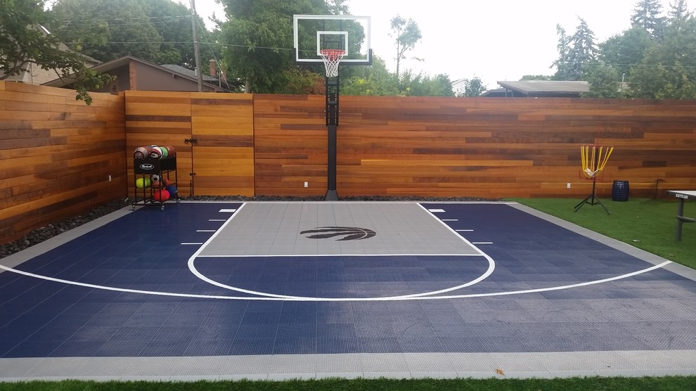 This is an example of a medium sized modern back full sun garden for summer in Toronto with an outdoor sport court, a climbing frame and concrete paving.