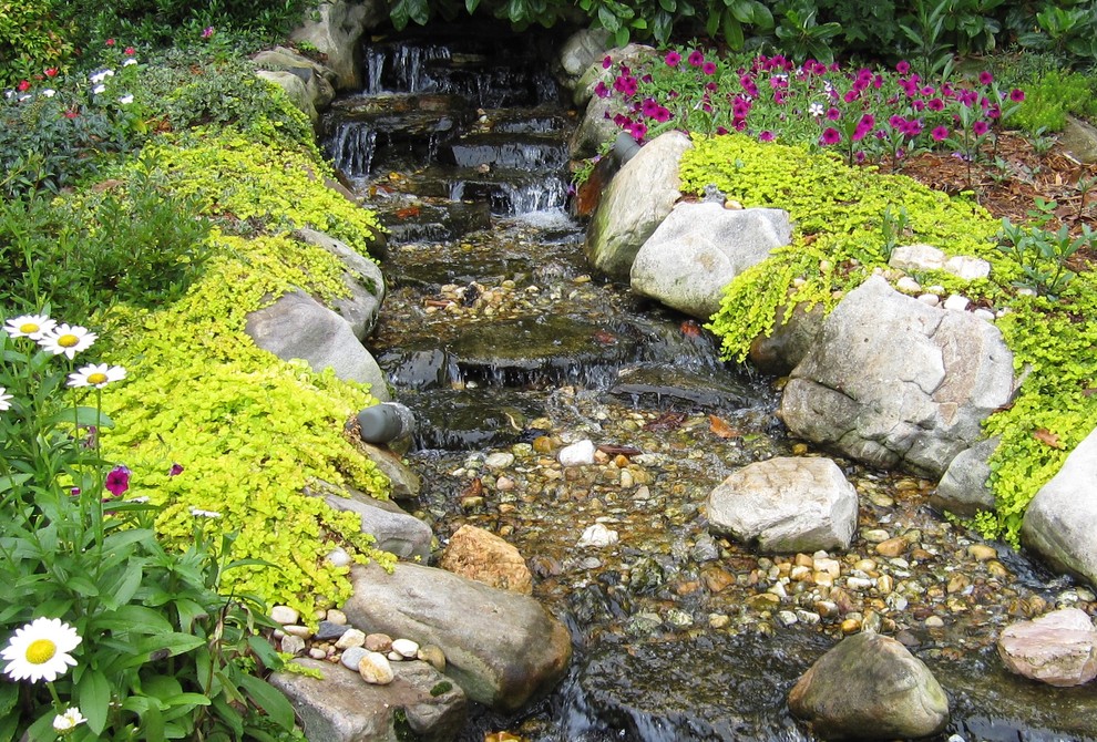 Idee per un giardino formale classico esposto in pieno sole di medie dimensioni e dietro casa in primavera con pavimentazioni in pietra naturale e una cascata