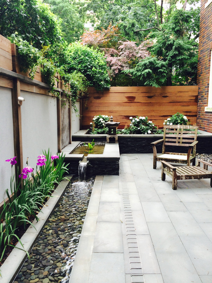 Idées déco pour un petit jardin arrière asiatique avec un point d'eau, une exposition ombragée et des pavés en pierre naturelle.