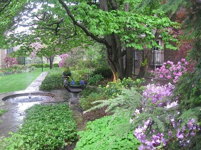 Imagen de camino de jardín tradicional de tamaño medio en primavera en patio trasero con exposición parcial al sol y adoquines de piedra natural