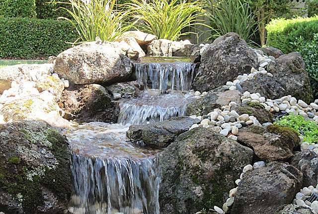 Cette photo montre un grand jardin à la française arrière chic avec un point d'eau, une exposition partiellement ombragée et des pavés en pierre naturelle.