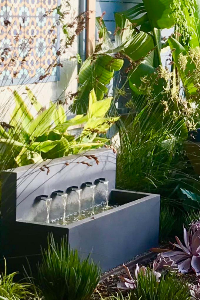 Immagine di un giardino tropicale esposto a mezz'ombra dietro casa con fontane
