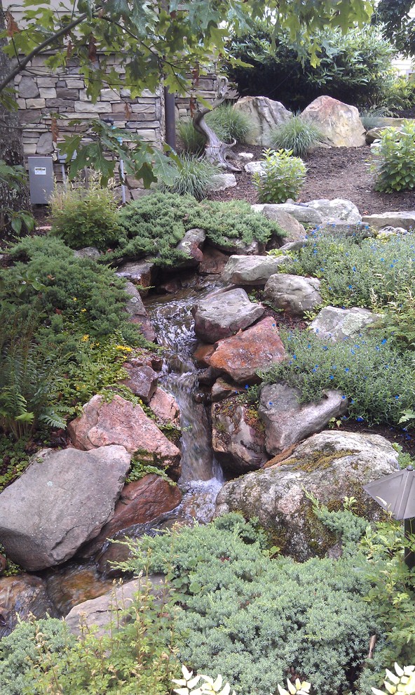 Bild på en trädgård, med en fontän