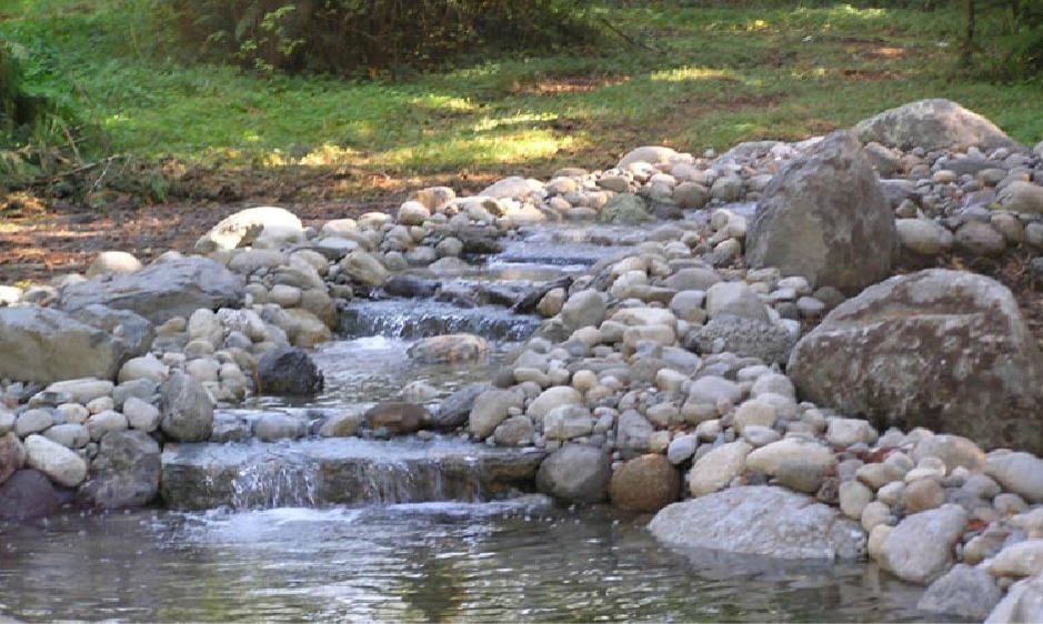 Idee per un laghetto da giardino di medie dimensioni e dietro casa con pavimentazioni in pietra naturale