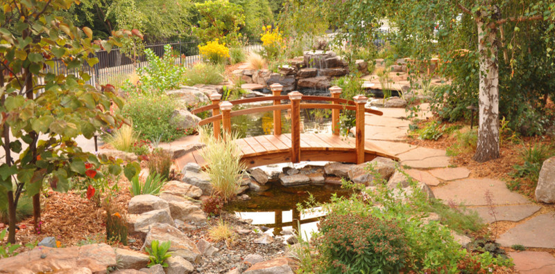 Пример оригинального дизайна: солнечный садовый фонтан в стиле рустика с хорошей освещенностью и покрытием из каменной брусчатки