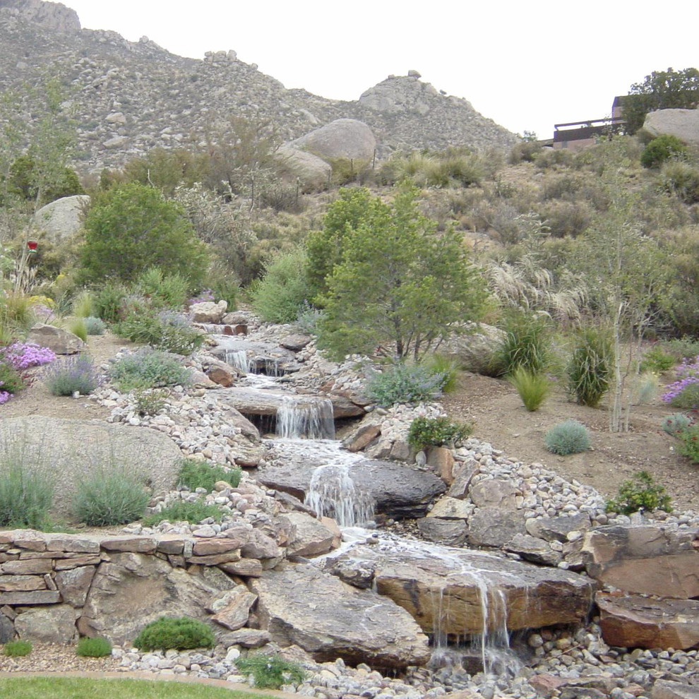 Exemple d'un jardin arrière sud-ouest américain de taille moyenne avec une exposition ensoleillée et des pavés en pierre naturelle.