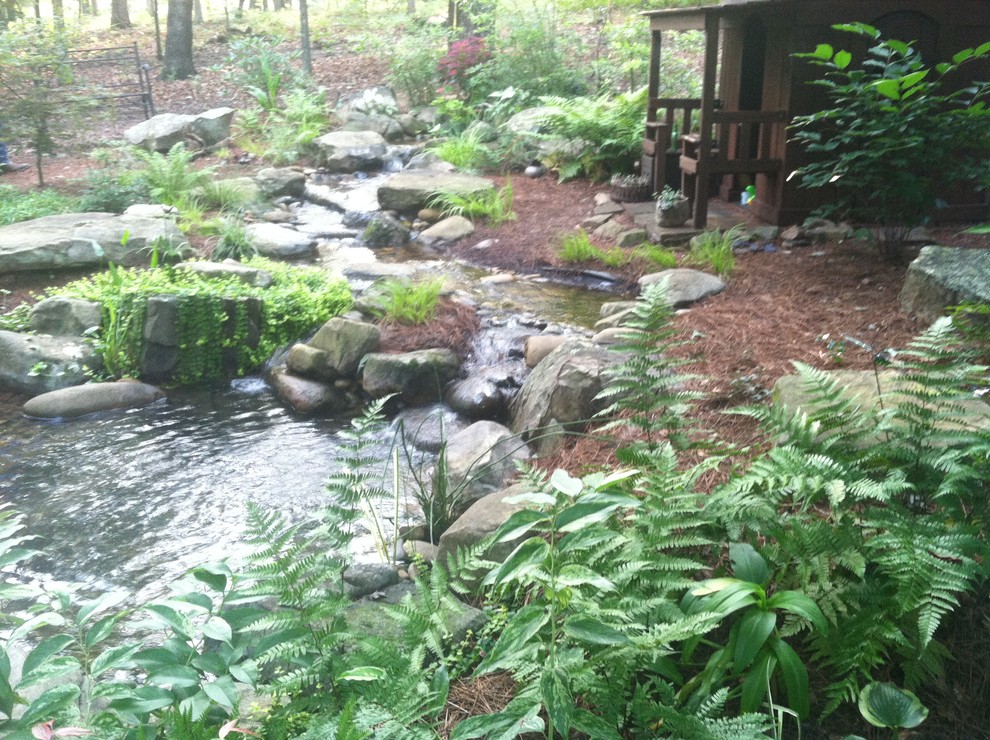 Aménagement d'un jardin montagne de taille moyenne avec un bassin, une exposition partiellement ombragée et un paillis.