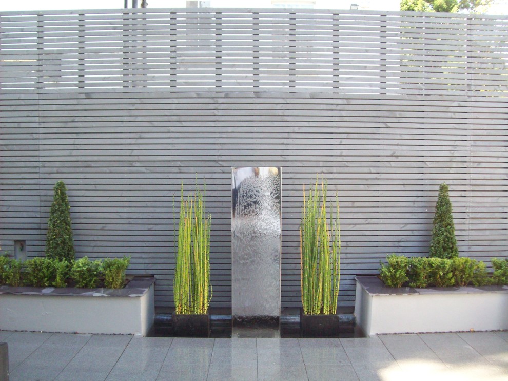 Cette photo montre un jardin sur cour moderne avec un point d'eau et des pavés en pierre naturelle.