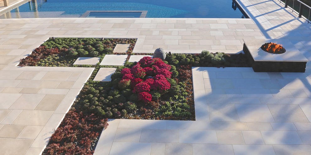 Foto de jardín de secano actual grande en patio trasero con exposición total al sol y adoquines de hormigón