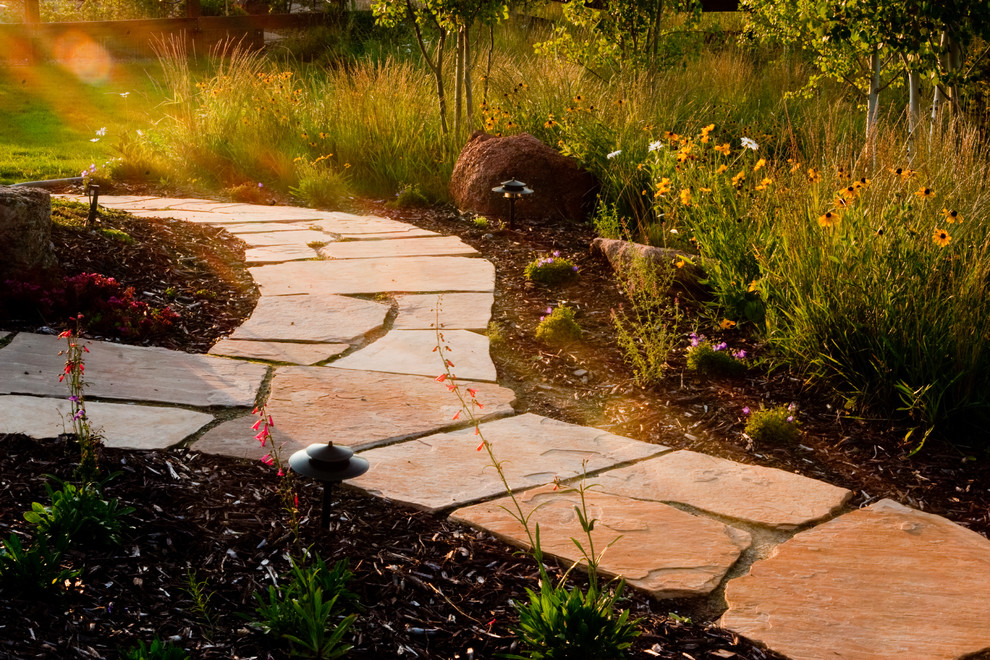 Inspiration for a medium sized classic back partial sun garden in Denver with a garden path and natural stone paving.