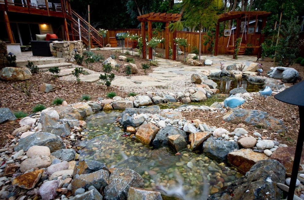 Immagine di un giardino american style dietro casa con pavimentazioni in pietra naturale