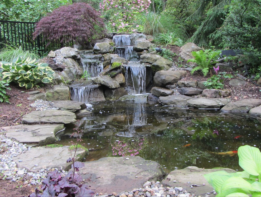 Modelo de jardín de estilo zen de tamaño medio en patio trasero con fuente